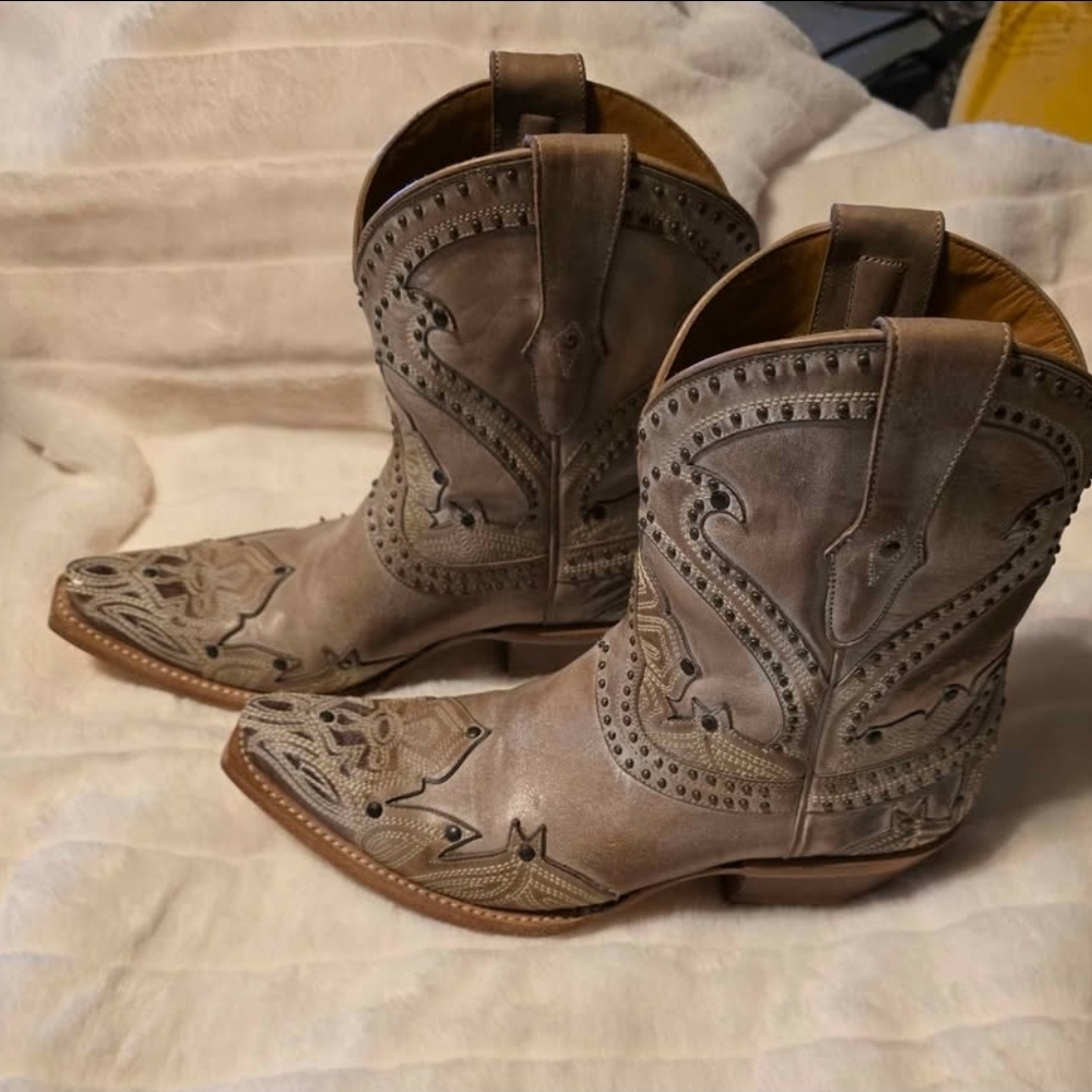 Lucchese Taupe Studded Western Ankle Boots
